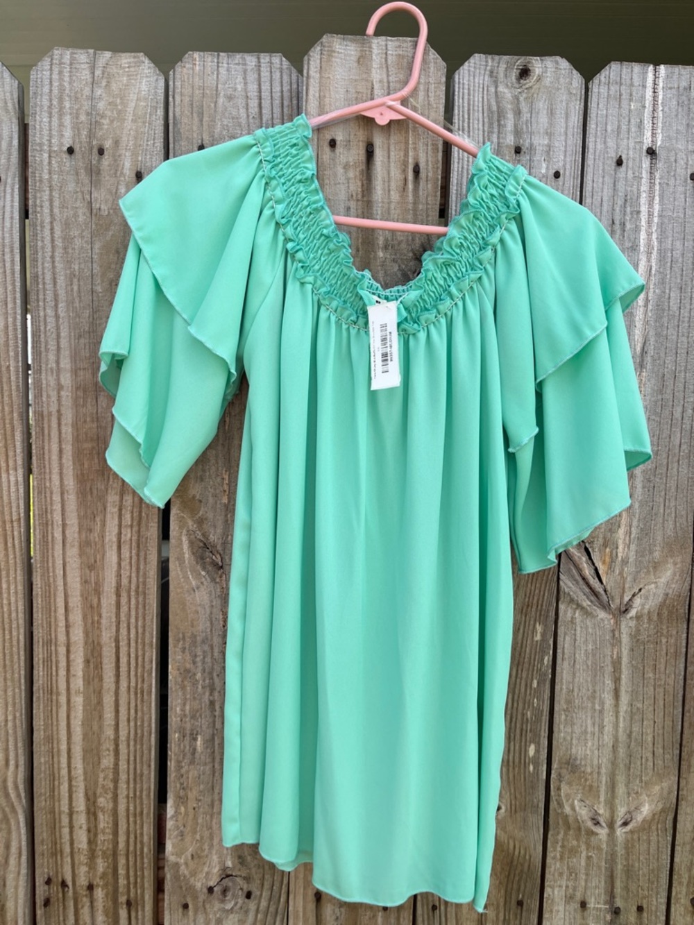 ADORA Mint Green Smocked Neck Flutter Sleeve Tunic